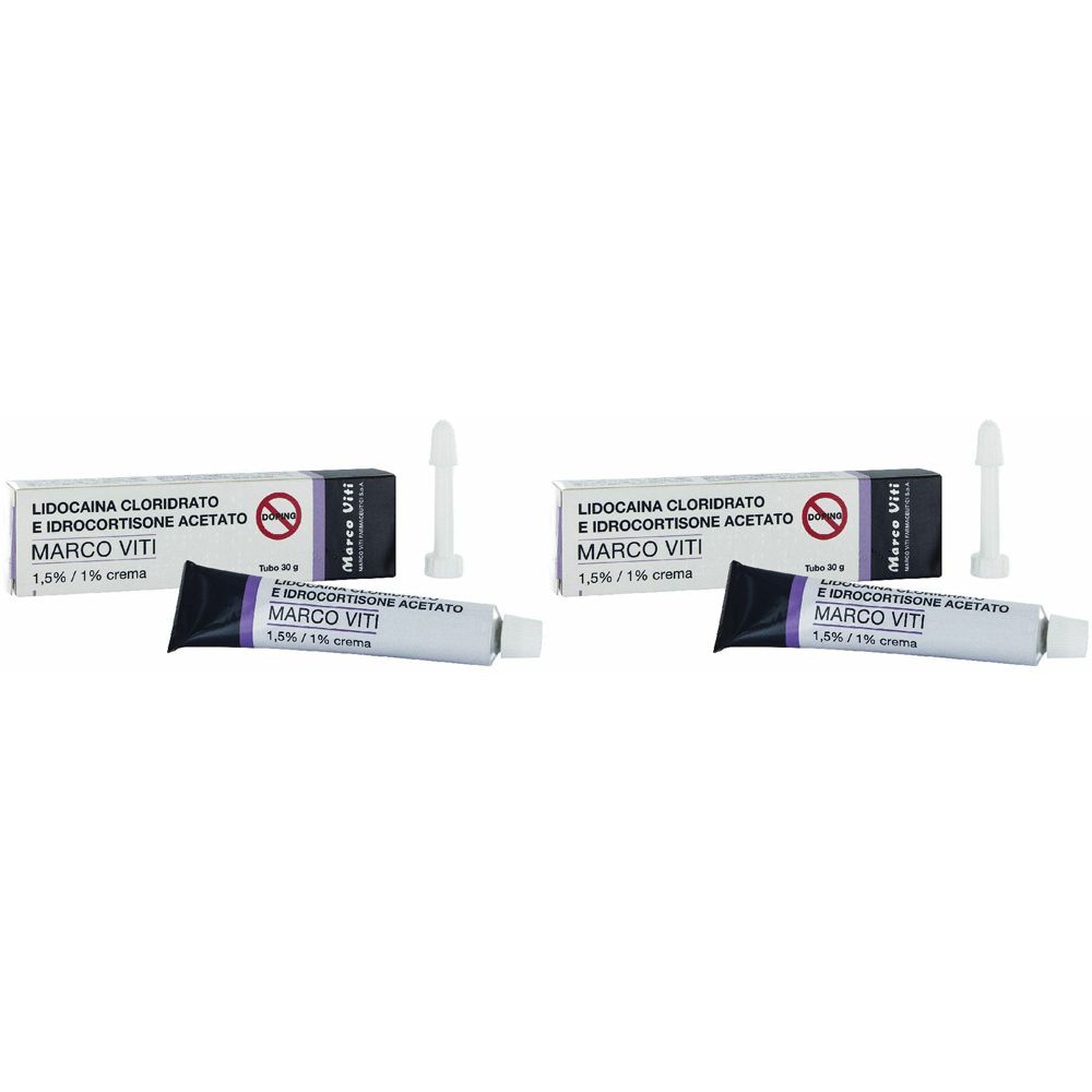 Due scatole e tubi di crema. Sulle scatole si legge « Lidocaina Cloridrato e Idrocortisone Acetato ». Sui tubi « MARCO VITI ».