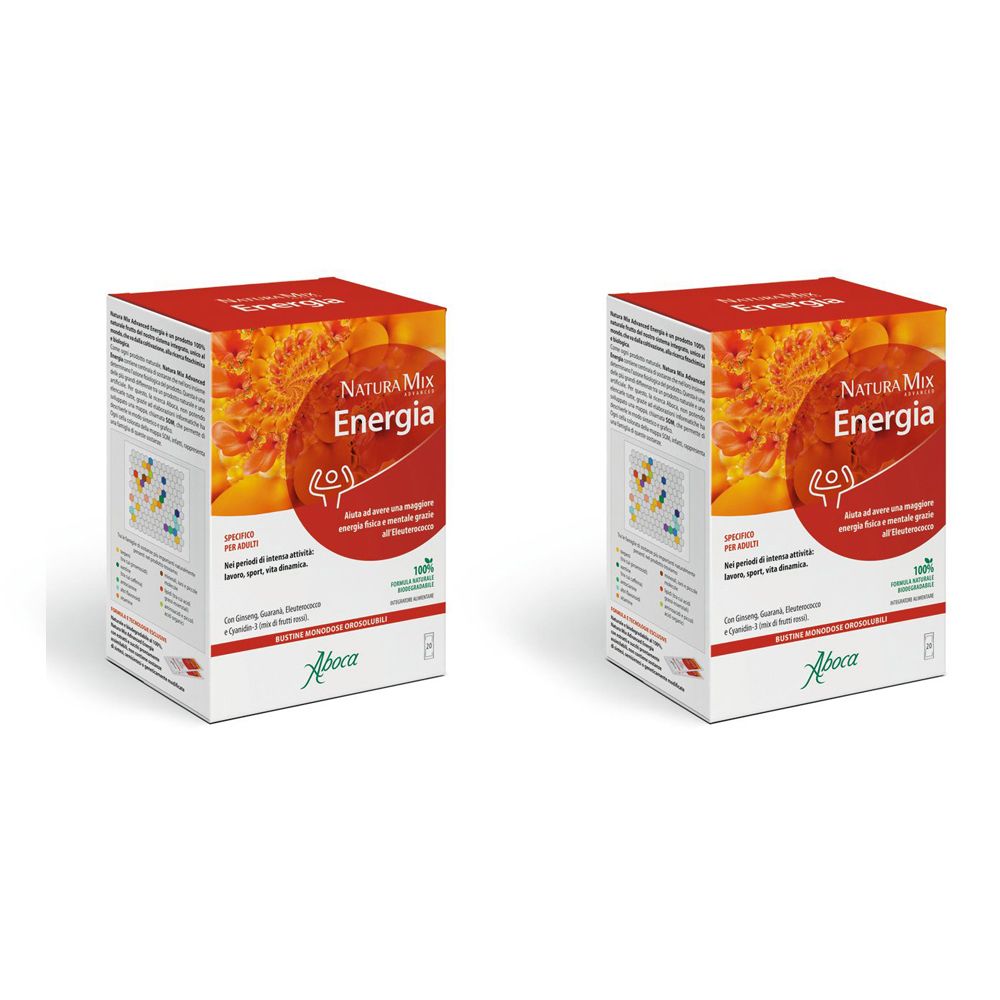 Due scatole "Natura Mix Energia". Confezione rossa e bianca con nome e logo del prodotto. Scritto: "Con ginseng, guaranà, eleuterococco".