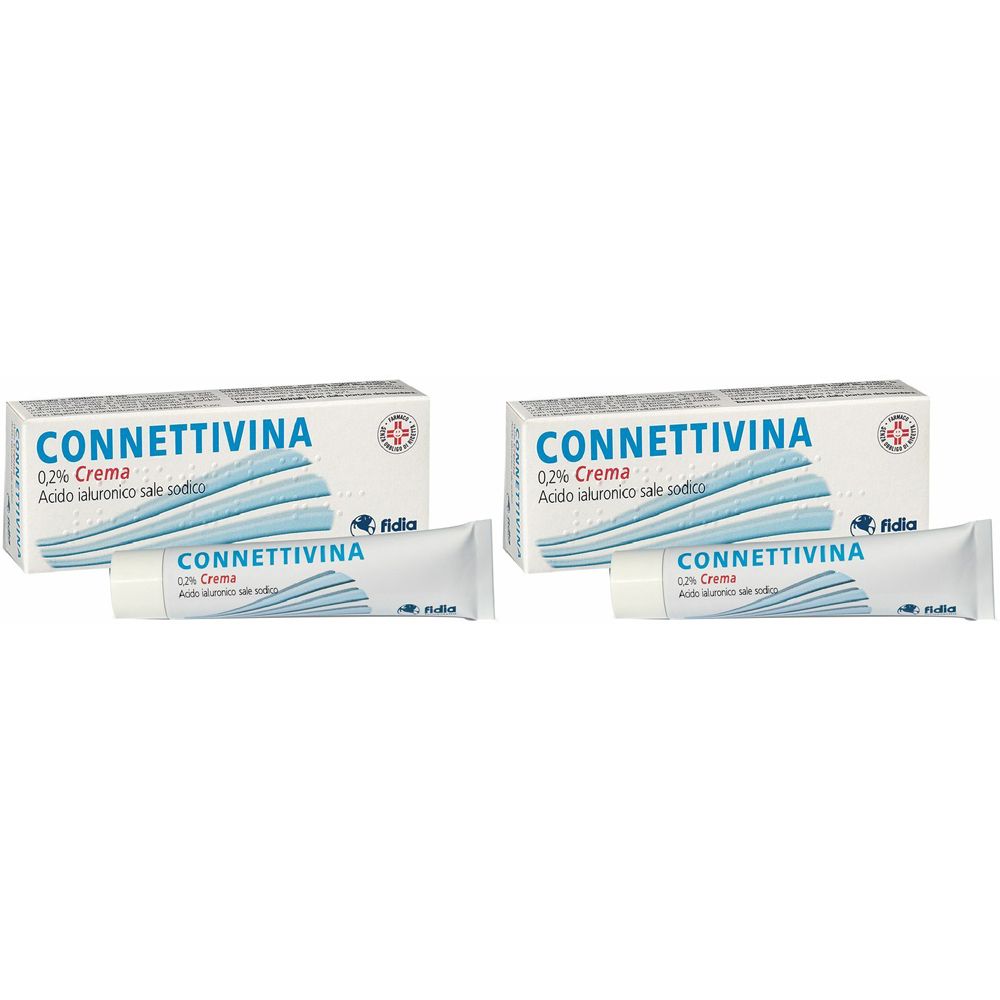 Due confezioni di CONNETTIVINA 0,2% Crema. Ogni confezione include un tubetto e una scatola con informazioni.