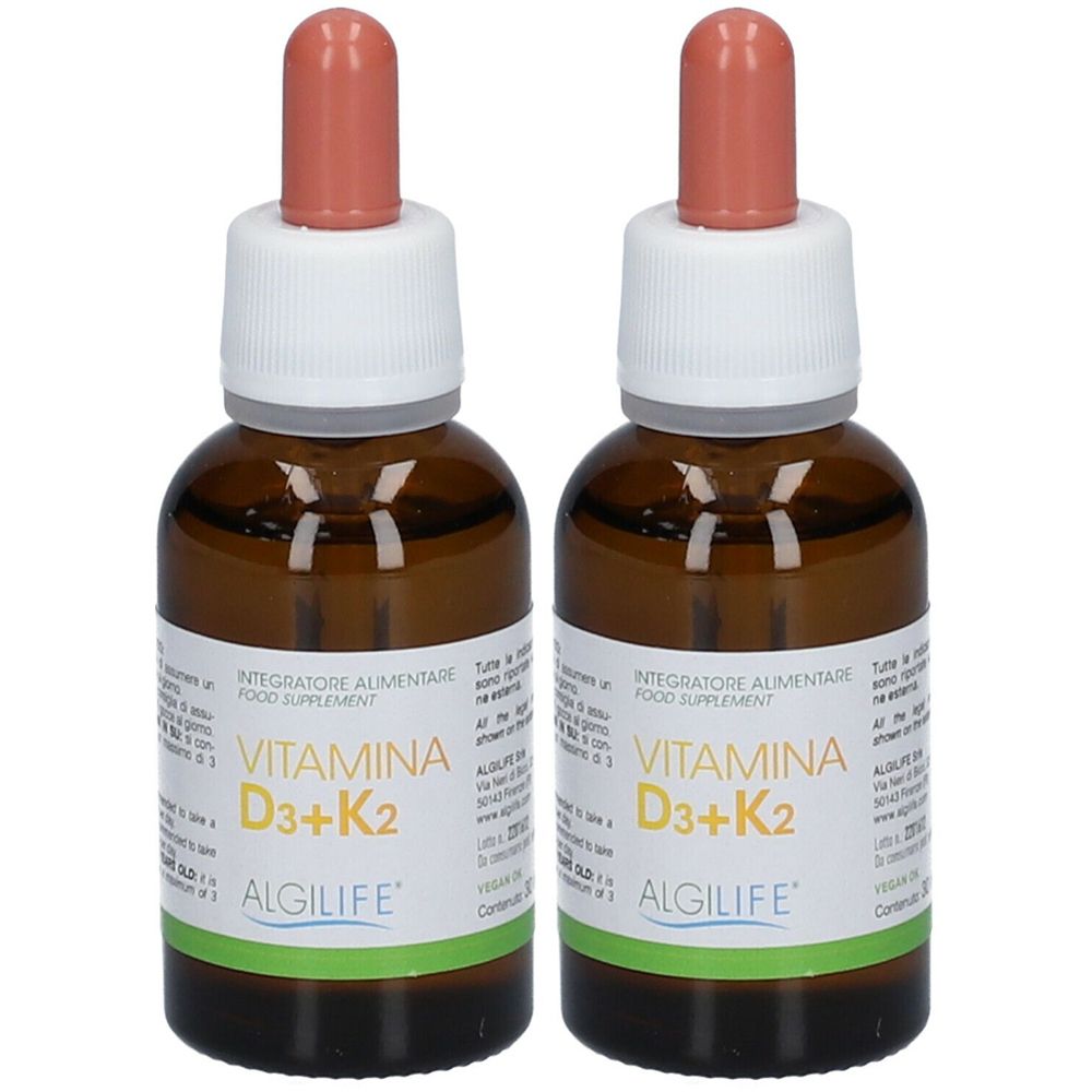 Due flaconi di vetro marrone con contagocce. Etichette con "Vitamina D3+K2" e "ALGILIFE".