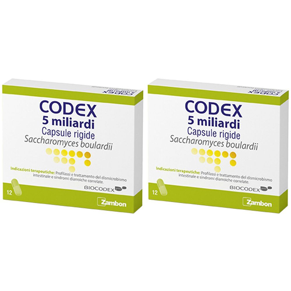 Due confezioni di Codex 5 miliardi capsule rigide. Scritta: Saccharomyces boulardii. Design verde e bianco. 12 capsule per scatola.