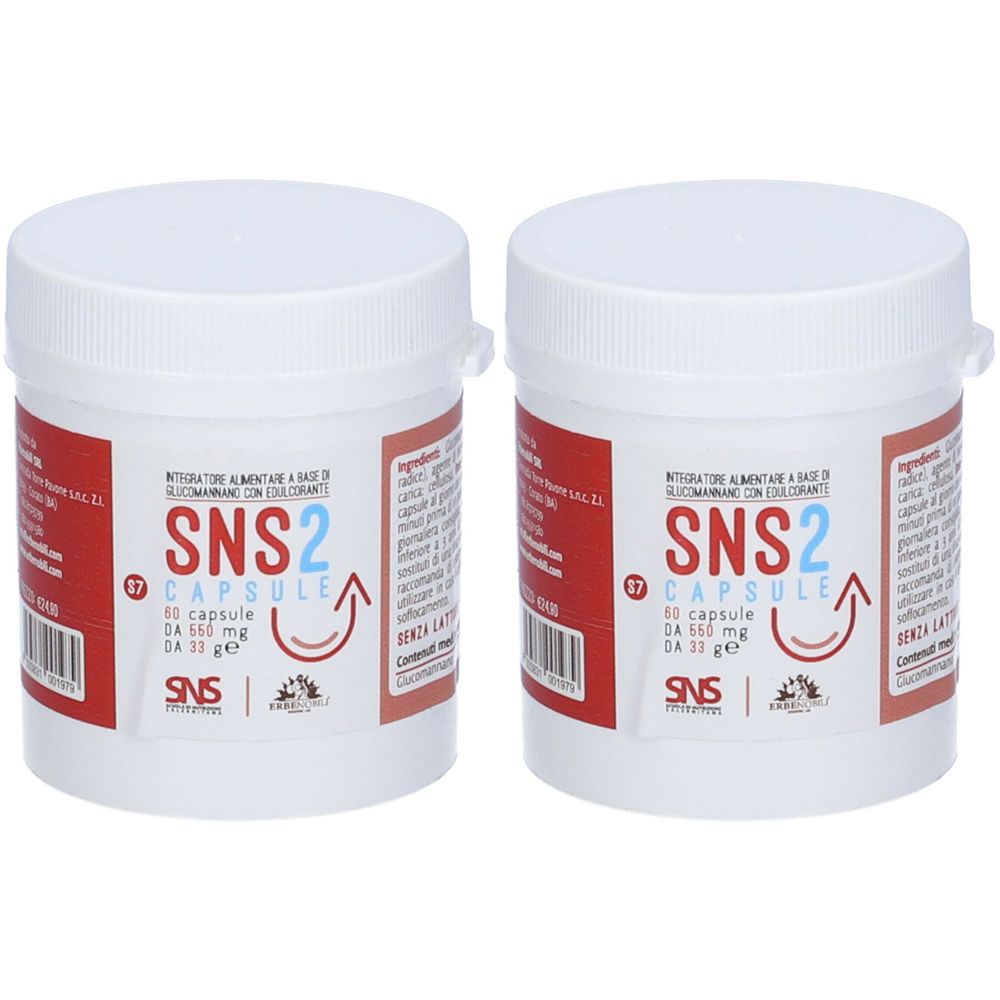 Due barattoli bianchi con etichetta rossa. Ogni barattolo riporta la scritta "SNS2 CAPSULE".