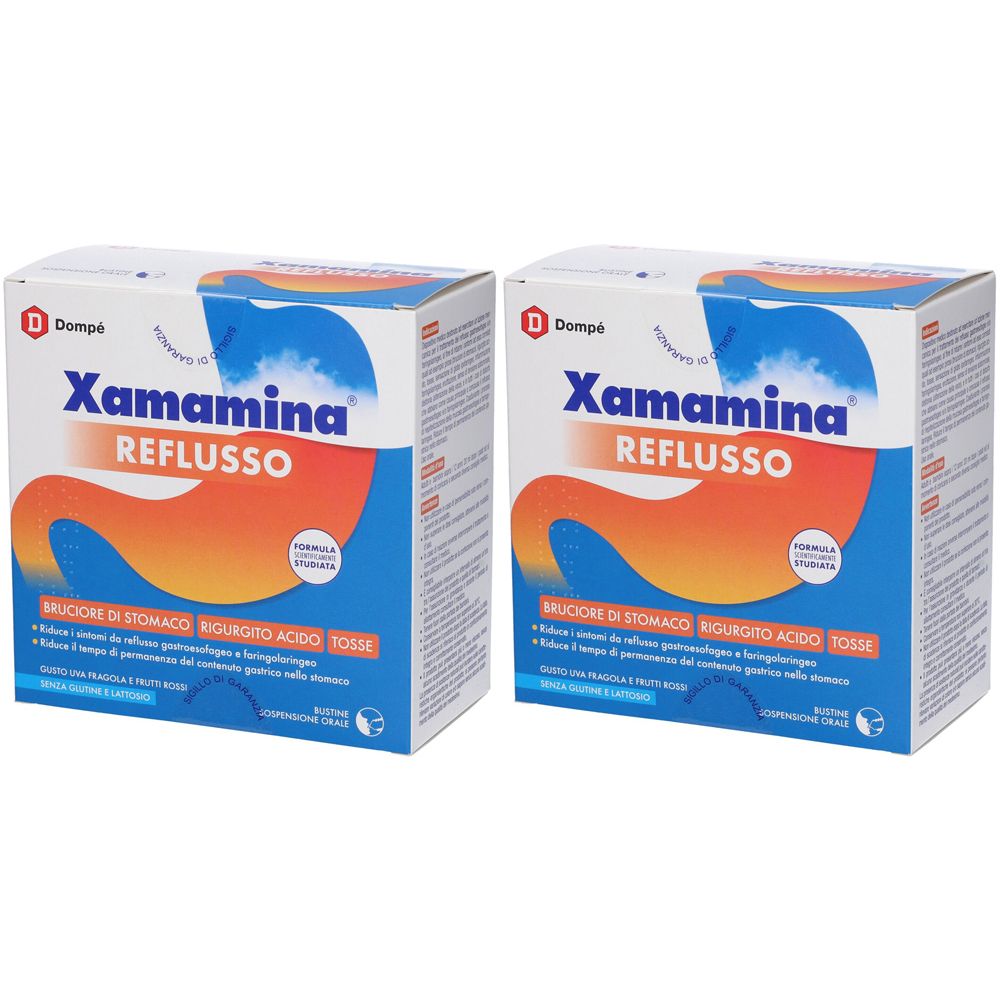 Due confezioni di Xamamina Reflusso. Grafica blu e arancione. Logo Dompé.