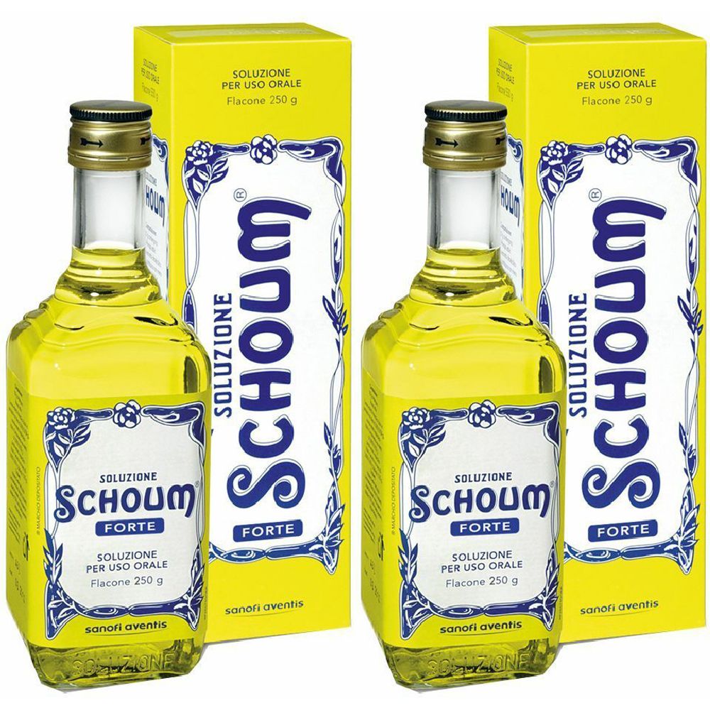 Due bottiglie di liquido giallo e scatole gialle. L'etichetta dice "SCHOUM FORTE".