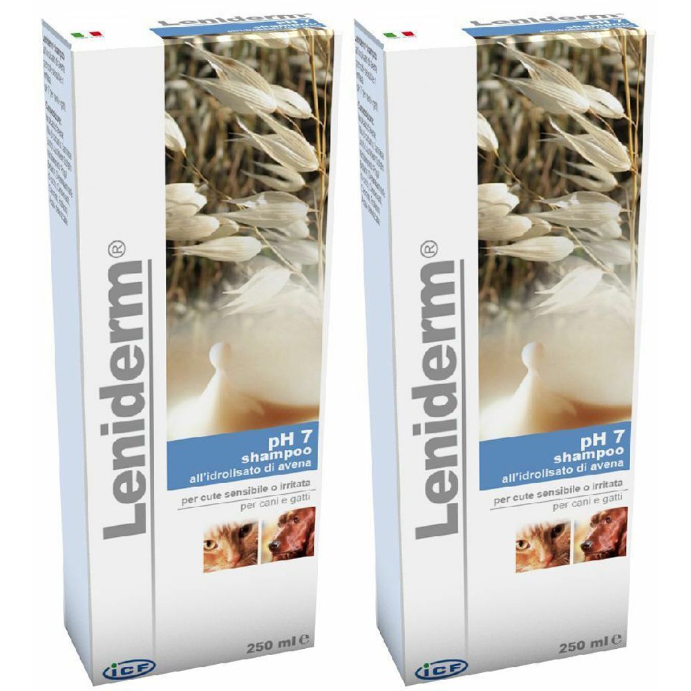 Due confezioni di shampoo Leniderm. Scritta: Leniderm, pH 7 Shampoo, per pelli sensibili di cani e gatti. 250 ml.