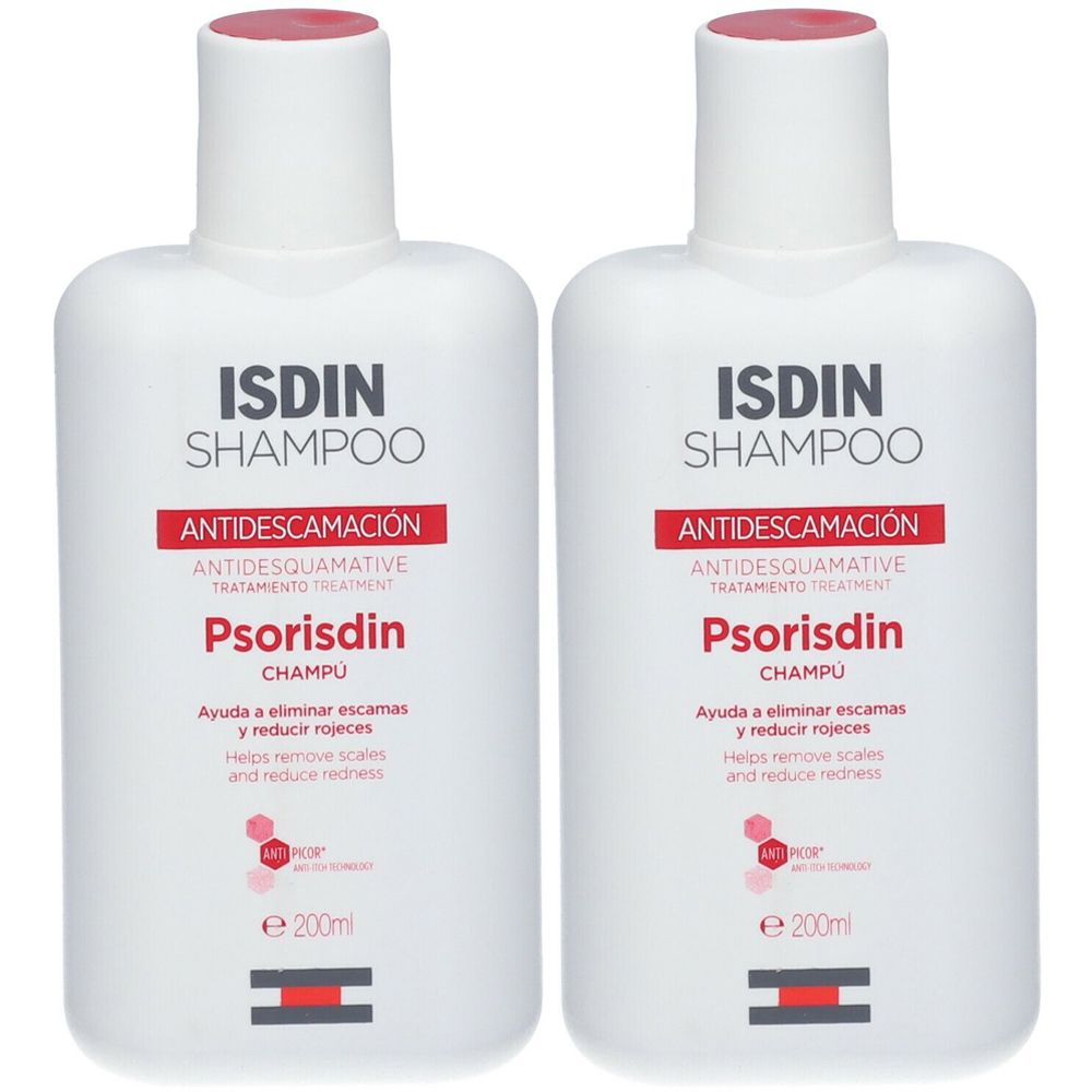 Due flaconi di shampoo bianchi con tappi rossi. Scritta: ISDIN Shampoo, Psorisdin Champú. Aiuta a rimuovere le squame e ridurre i rossori.