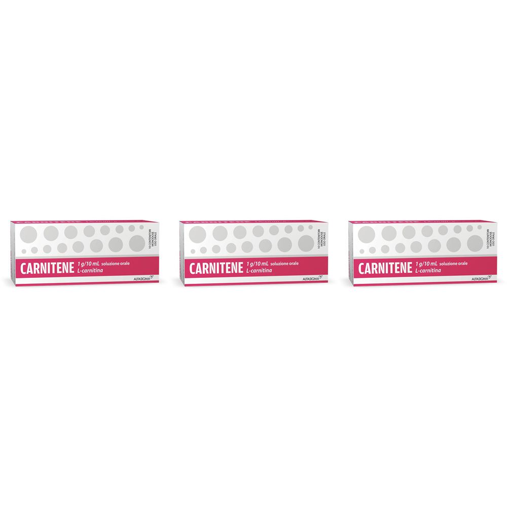Tre confezioni CARNITENE. Scritta: 1g/10ml soluzione orale L-carnitine. Confezione rosa e bianca.