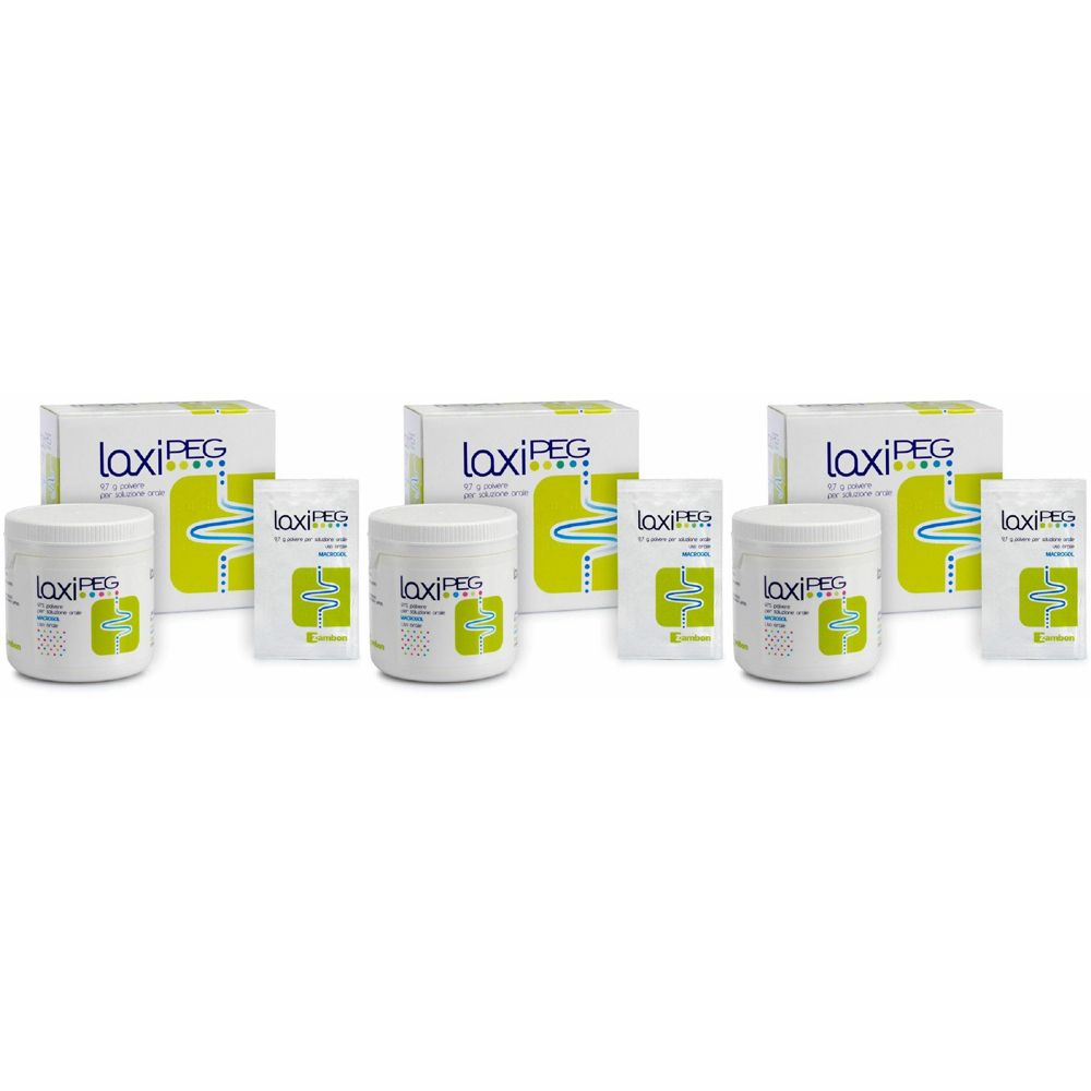Tre set di prodotti Laxipeg. Ogni set include un barattolo, una bustina e una scatola con il nome del prodotto.