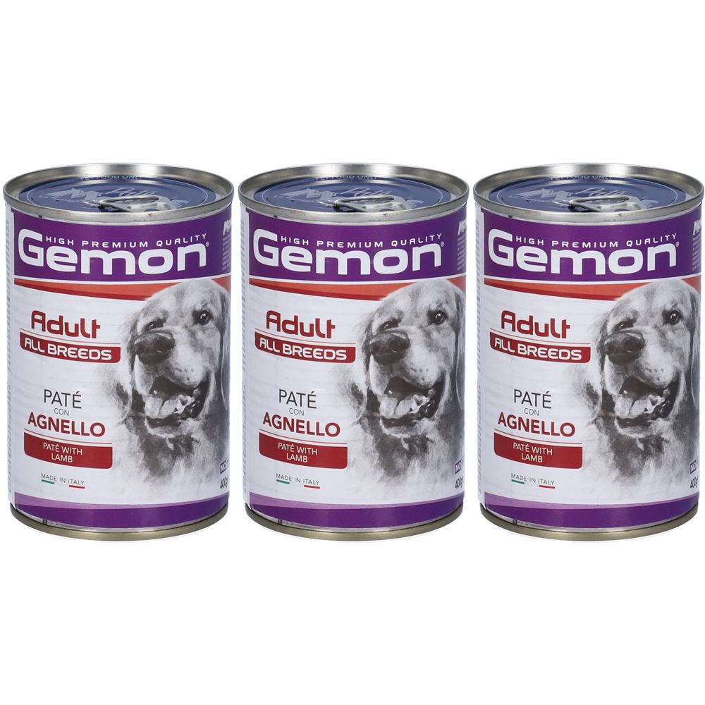Tre lattine Gemon Adult Paté Agnello cibo per cani, tutte le razze.