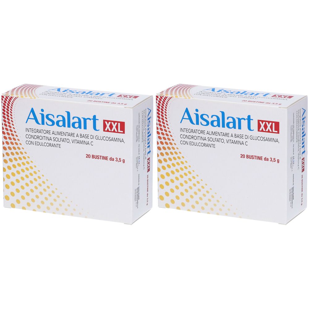 Due scatole Aisalart XXL. Scritta: Integratore alimentare con glucosamina, condroitina solfato, vitamina C. 20 bustine.