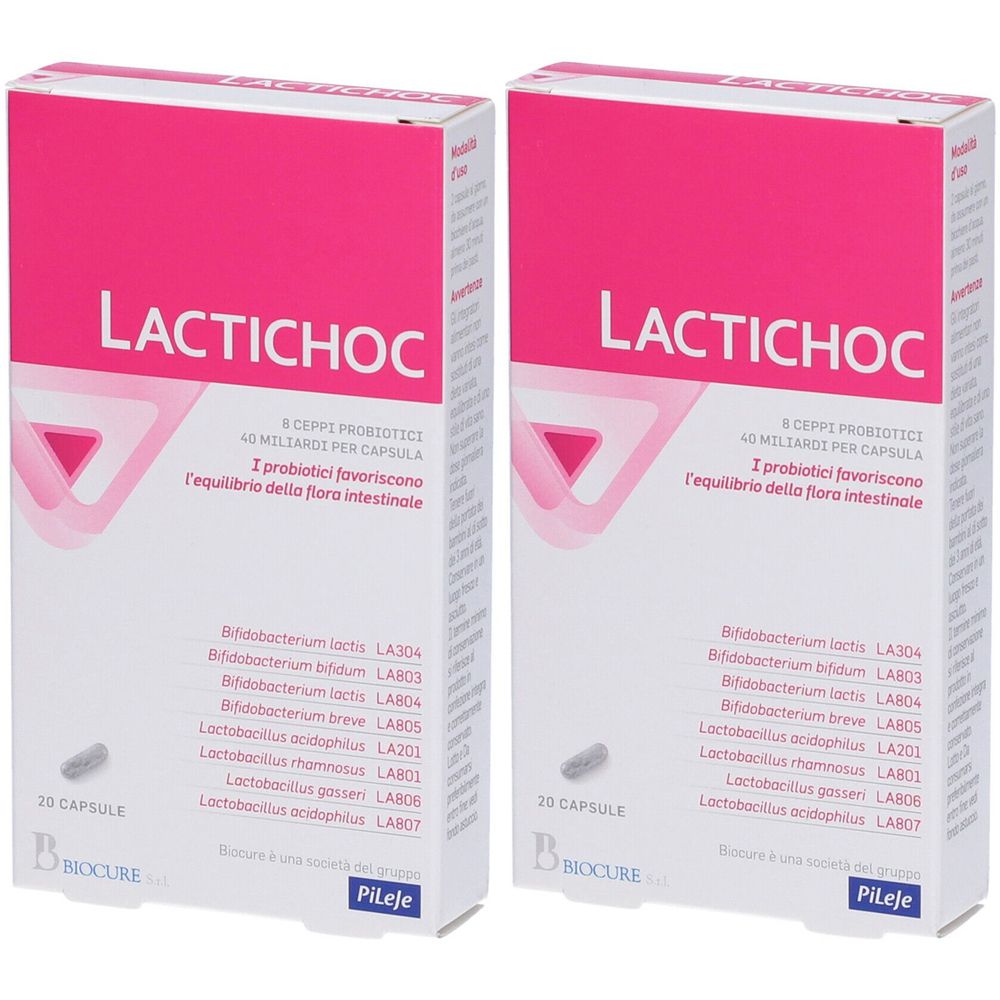 Due confezioni di Lactichoc. Scatole rosa e bianche con nome e informazioni. 20 capsule per confezione.
