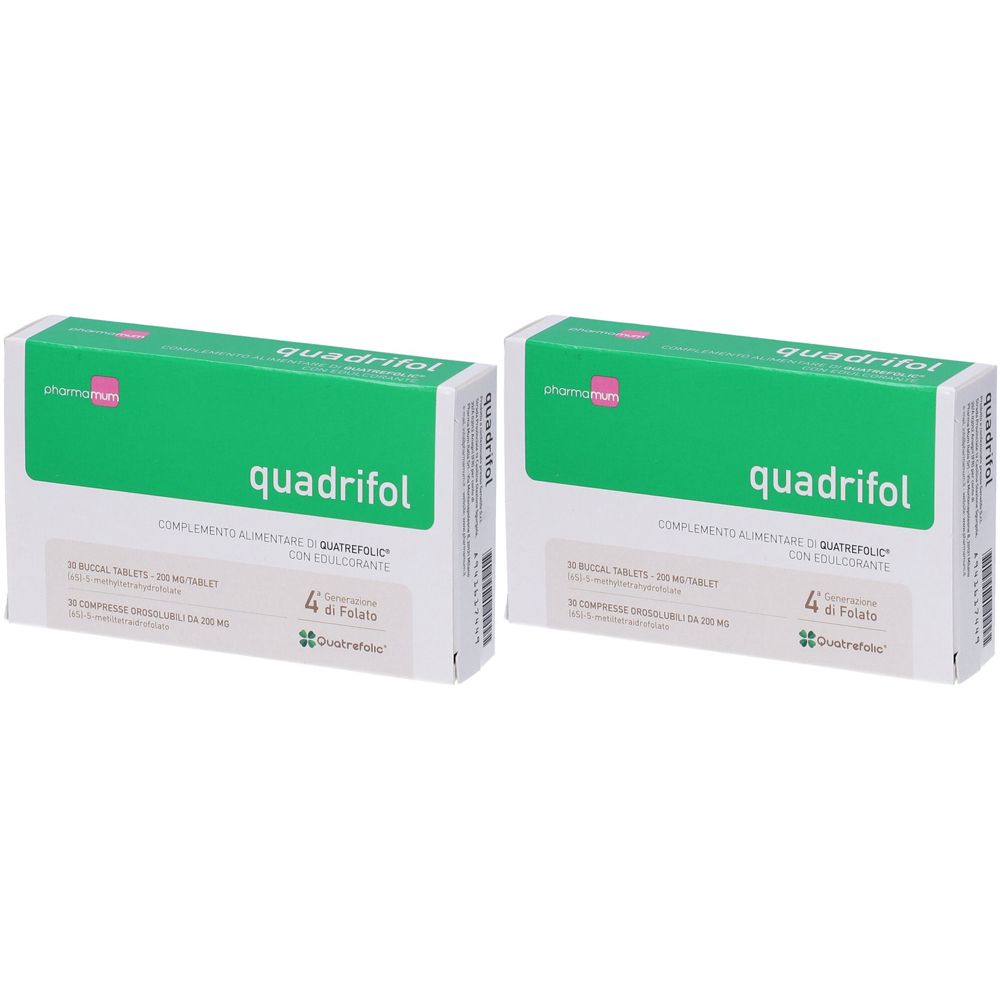 Due scatole di Quadrifol. Confezione verde e bianca con nome e logo del prodotto. Contiene compresse con acido folico.