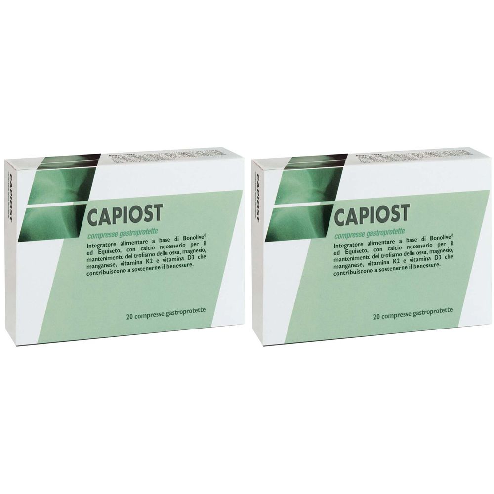 Due scatole di Capiost. Scritta verde su sfondo bianco. Contiene 20 compresse gastroprotette.