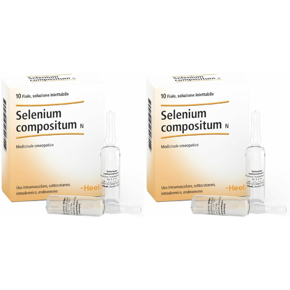 Due confezioni con fiale. Scritta: Selenium compositum N. 10 Fiale, soluzione iniettabile. Prodotti medici.