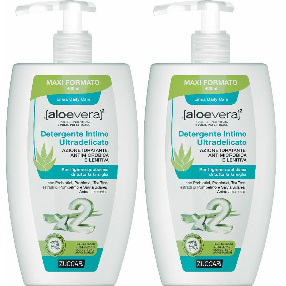 Due flaconi di detergente intimo. Flaconi bianchi con etichette verdi e bianche. Scritta: Detergente Intimo Ultradelicato. Marchio: ZUCCARI.
