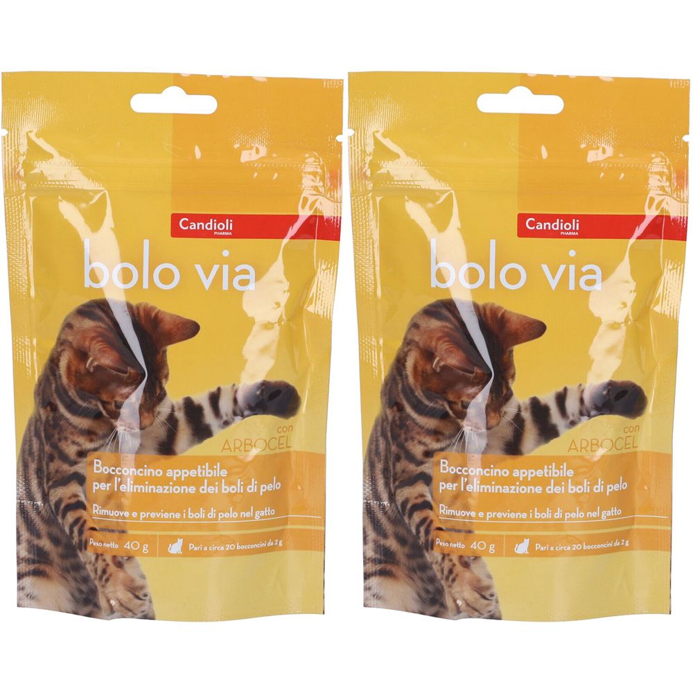 Due bustine gialle. Scritta: bolo via, Candioli. Immagine di un gatto. Testo: Bocconcino appetibile per l'eliminazione dei boli di pale. Prodotto per gatti.