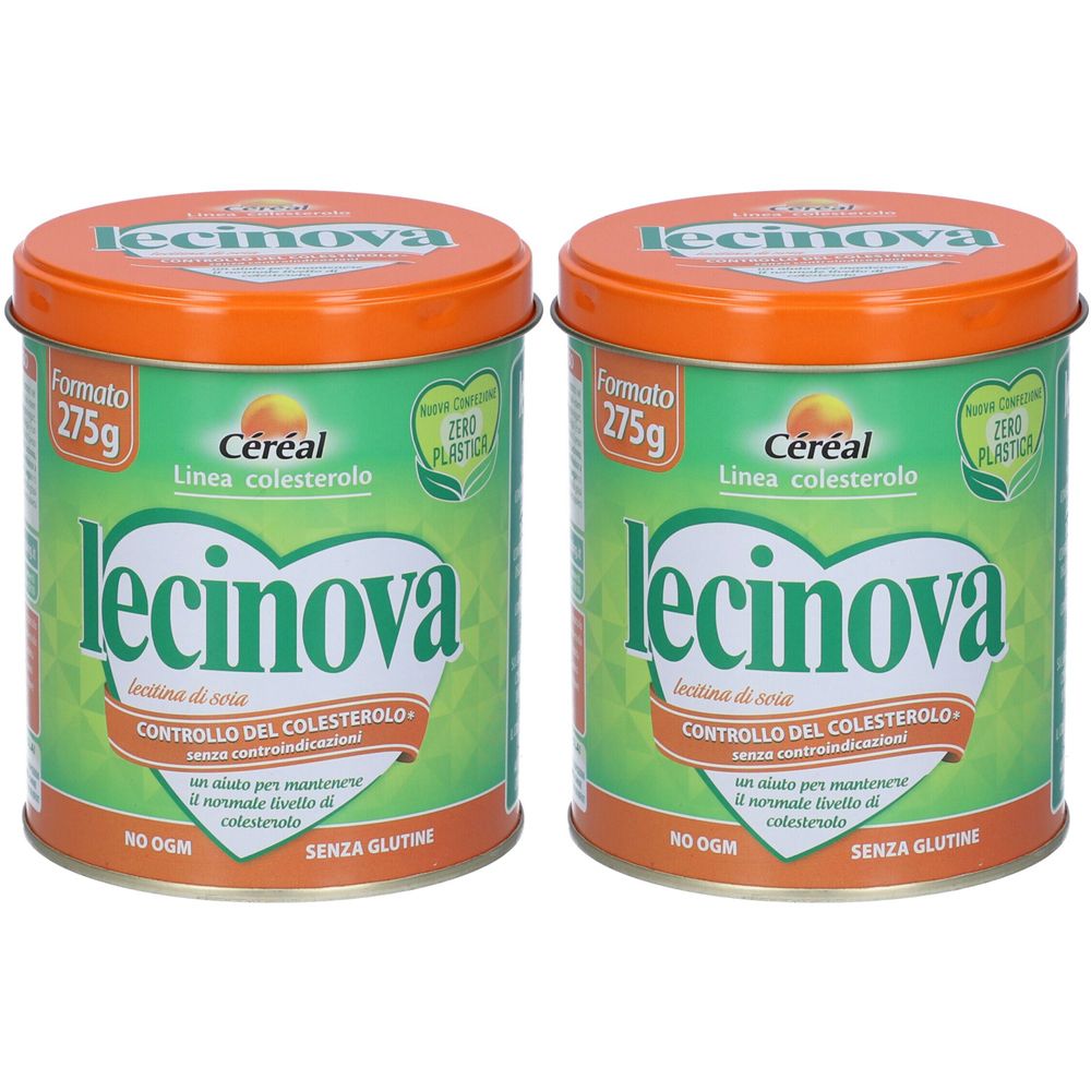 Due barattoli di Cereal Lecinova. Barattoli verdi e arancioni con testo. Scritte: « Controllo del colesterolo » e « Senza glutine ».