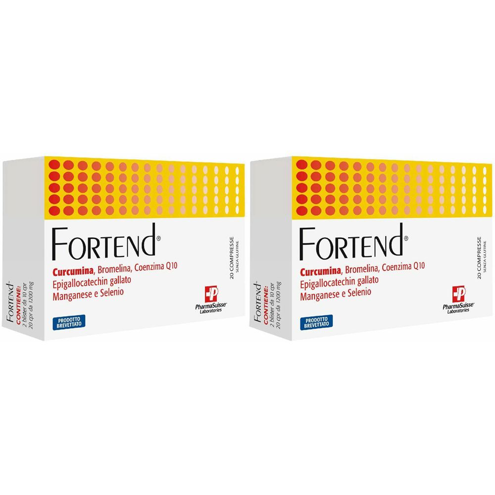 Due confezioni di Fortend. Contengono Curcumina, Coenzima Q10. Scritte in italiano. 20 compresse per confezione. Logo Pharmalux.