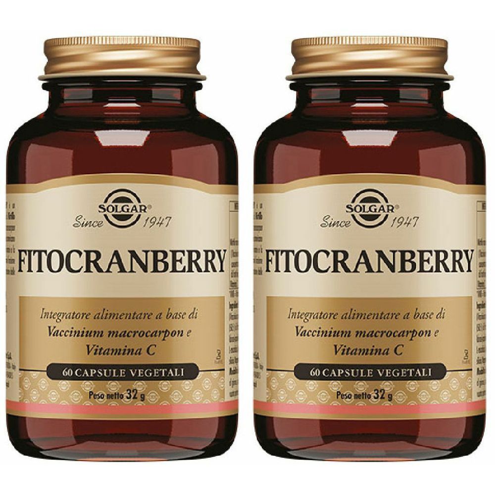 Due bottiglie di vetro marrone con tappi dorati. Le etichette riportano "SOLGAR FITOCRANBERRY", 60 capsule. Ingredienti: Vaccinium macrocarpon e vitamina C.