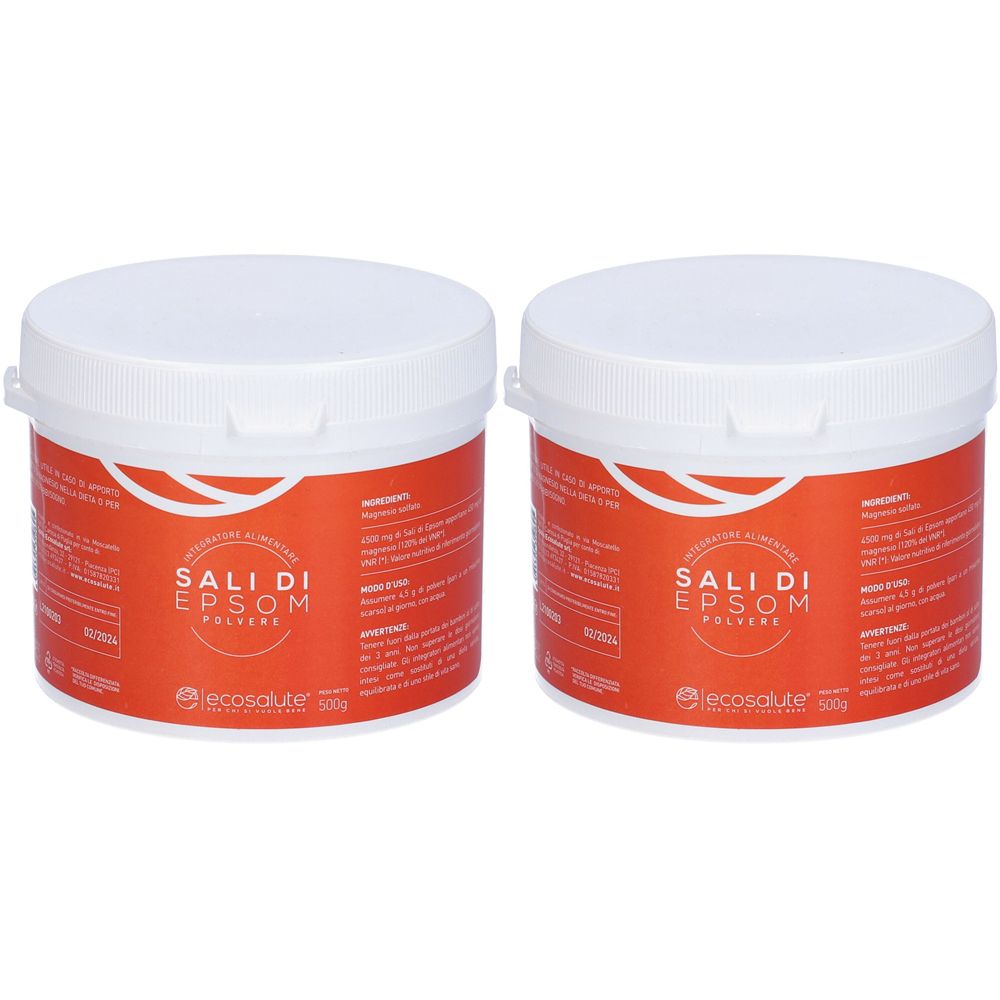 Due contenitori bianchi con coperchi. Scritta: Sali Di Epsom Polvere. Sfondo arancione con testo. Marchio: ecosalute.