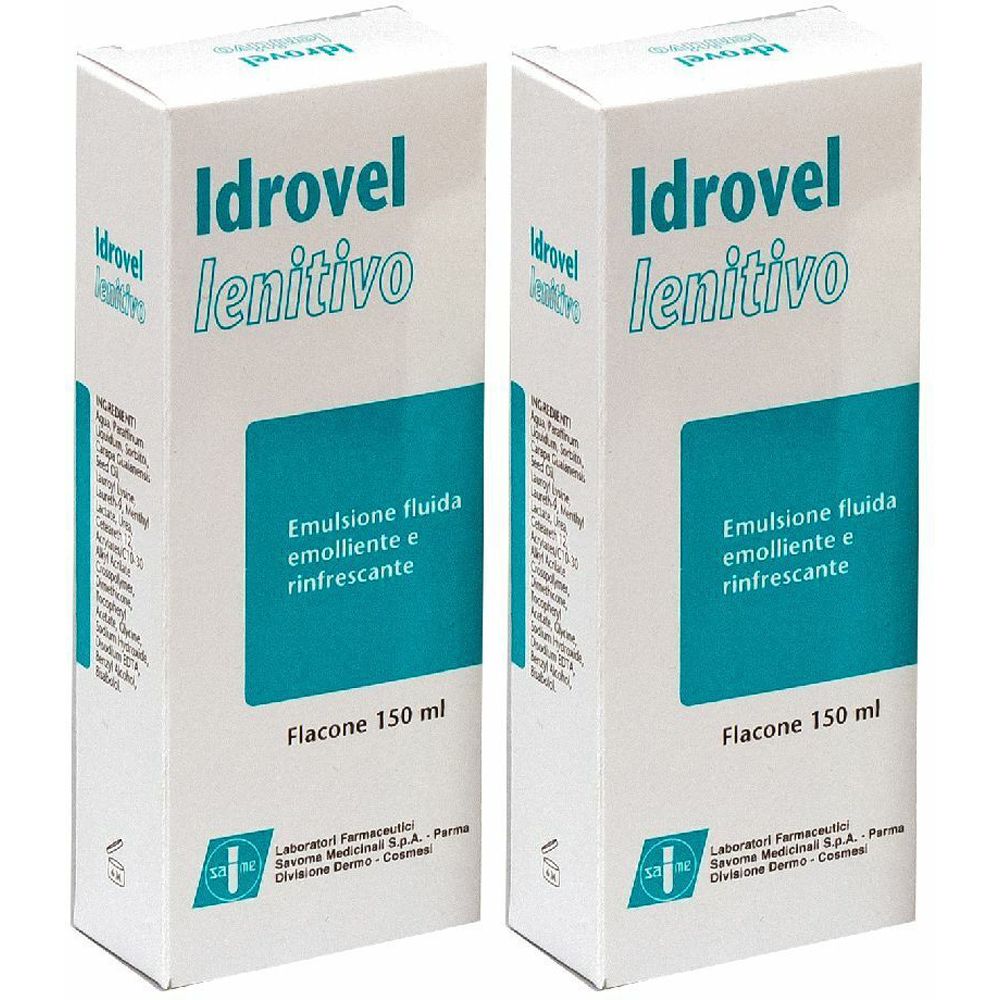 Due scatole bianche con scritto "Idrovel lenitivo". Testo in italiano. "Emulsione fluida". Flacone 150 ml.