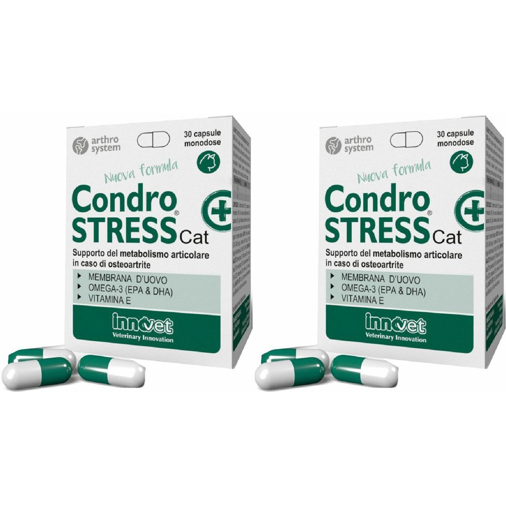 Due scatole di "Condro STRESS Cat" e capsule. Le scatole sono bianche con scritte verdi. Le capsule sono bianche e verdi.