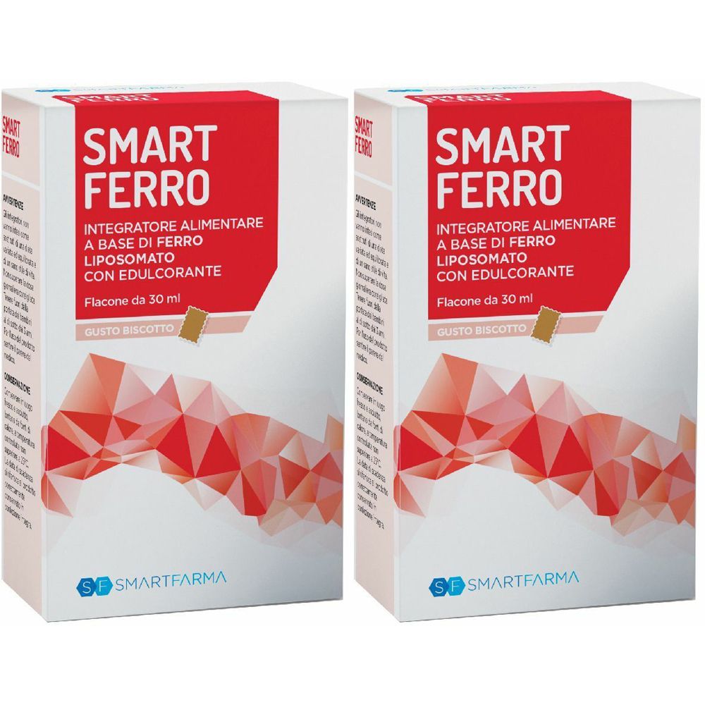 Due scatole bianche con testo rosso. Scritta: SMART FERRO, integratore alimentare a base di ferro, forma liposomiale.