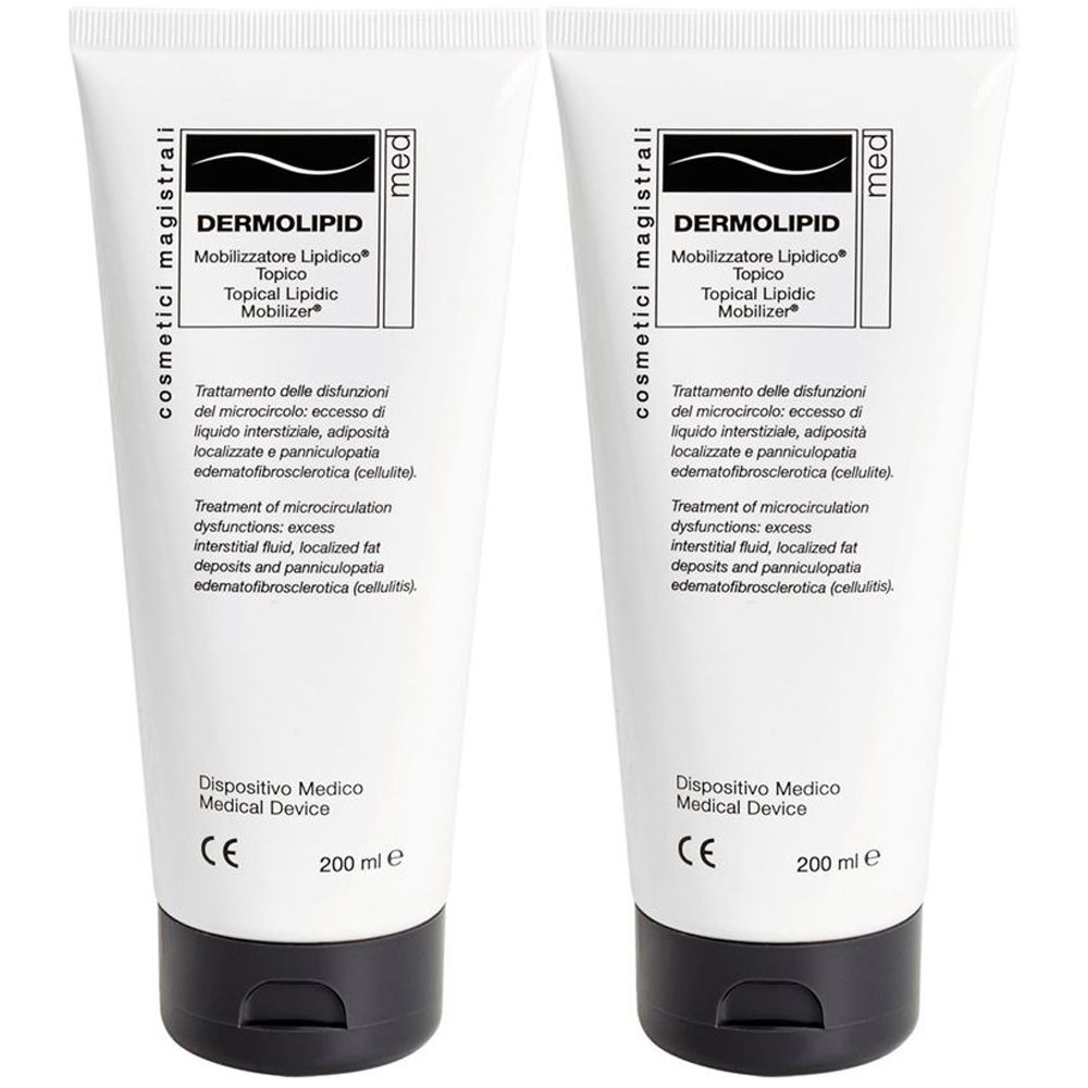 Due tubi bianchi con tappo nero. Scritta: Dermolipid, Mobilizzatore Lipidico, Medical Device, 200 ml.