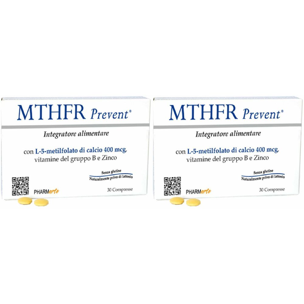Due scatole "MTHFR Prevent". Contiene L-5-metilfolato, vitamina B e zinco. 30 compresse. Marchio Pharm.