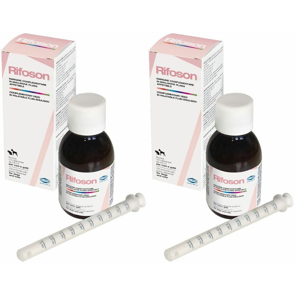 Due flaconi di liquido, due scatole e due siringhe dosatrici. "Rifoson" è scritto sui flaconi e sulle scatole.