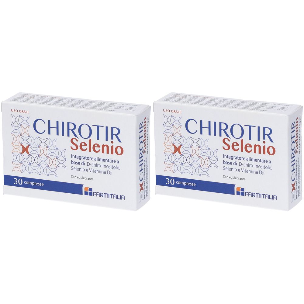 Due scatole bianche con scritto "CHIROTIR Selenio". Ogni scatola contiene 30 compresse. Marchio: "FARMITALIA".