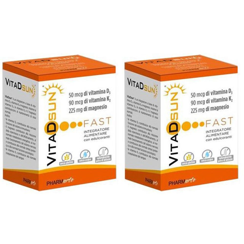 Due scatole rettangolari con la scritta VITADSUN. Scritta: 50 mcg di vitamina D, 90 mcg di vitamina K, 225 mg di magnesio. Con il logo FAST.