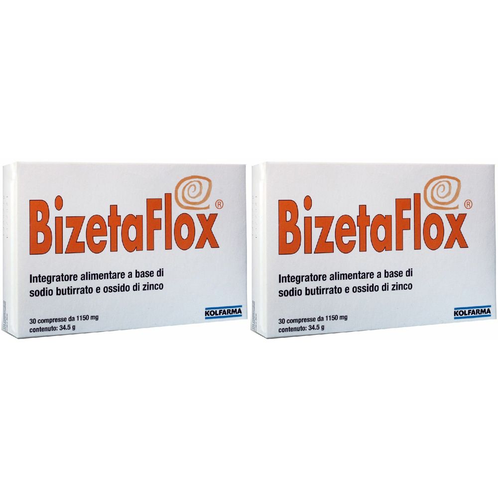 Due scatole bianche con la scritta "BizetaFlox". Testo sottostante: "Integratore alimentare a base di sodio butirrato e ossido di zinco".
