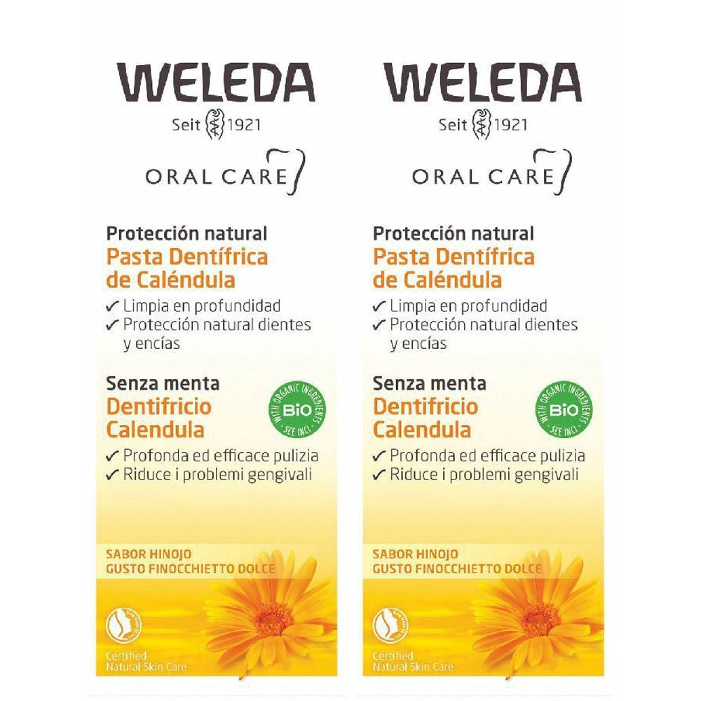 Due tubi di dentifricio WELEDA, Oral Care, Pasta Dentifrica de Caléndula, con etichetta Bio. Senza menta.