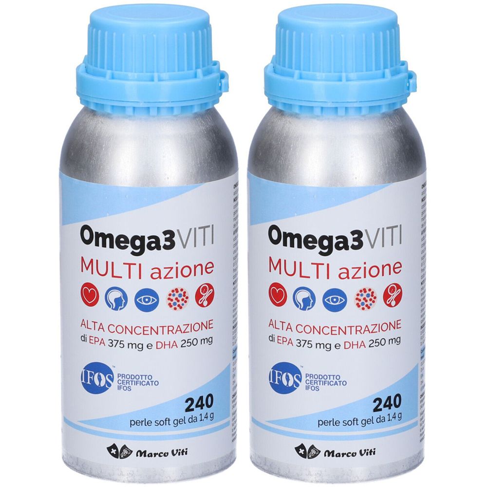 Due flaconi Omega3VITI Multi Azione. Scritta: ALTA CONCENTRAZIONE di EPA 375 mg e DHA 250 mg. Certificazione IFOS. 240 perle.