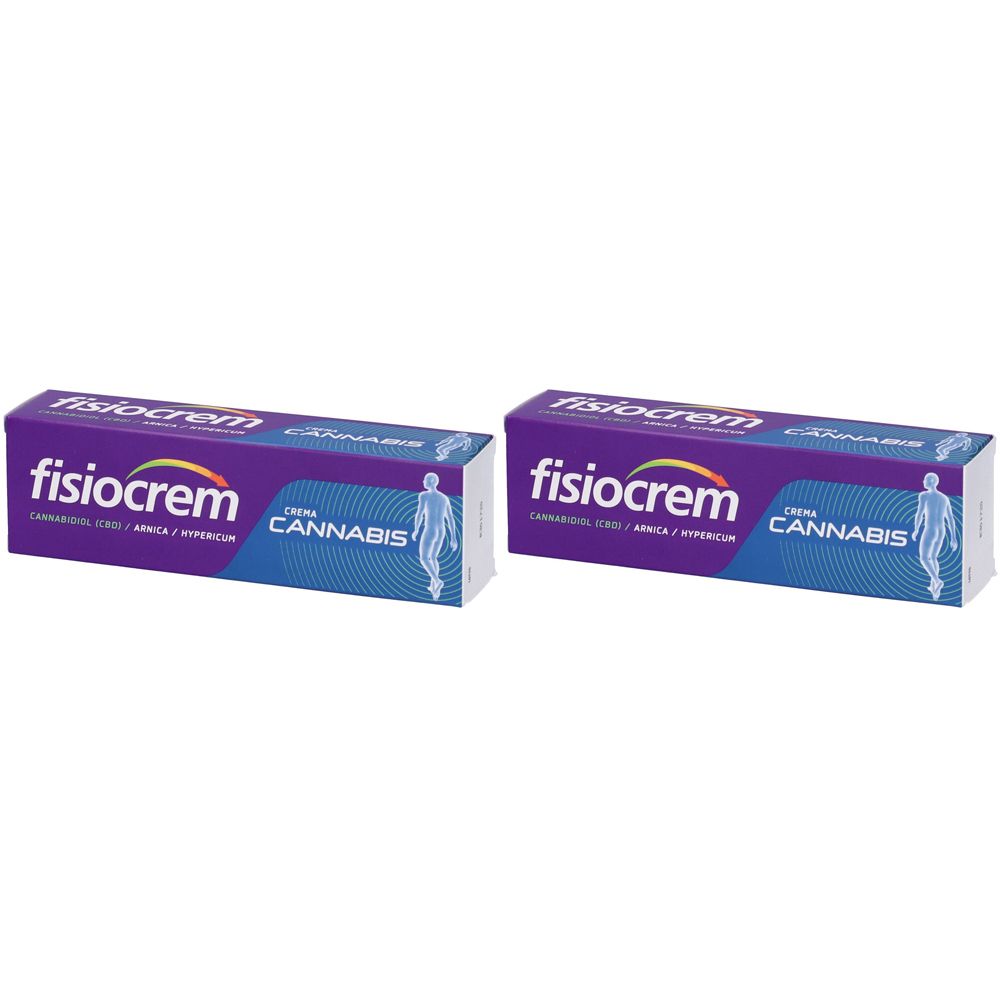 Due scatole rettangolari. Su ogni scatola, la scritta « fisiocrem » e « Cannabis ». Viola, blu e bianco.