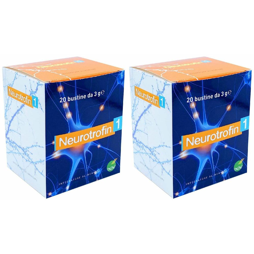 Due scatole quadrate. Scritta: Neurotrofin 1, 20 bustine da 3 g. Sfondo blu con motivo neurale e nome del prodotto.