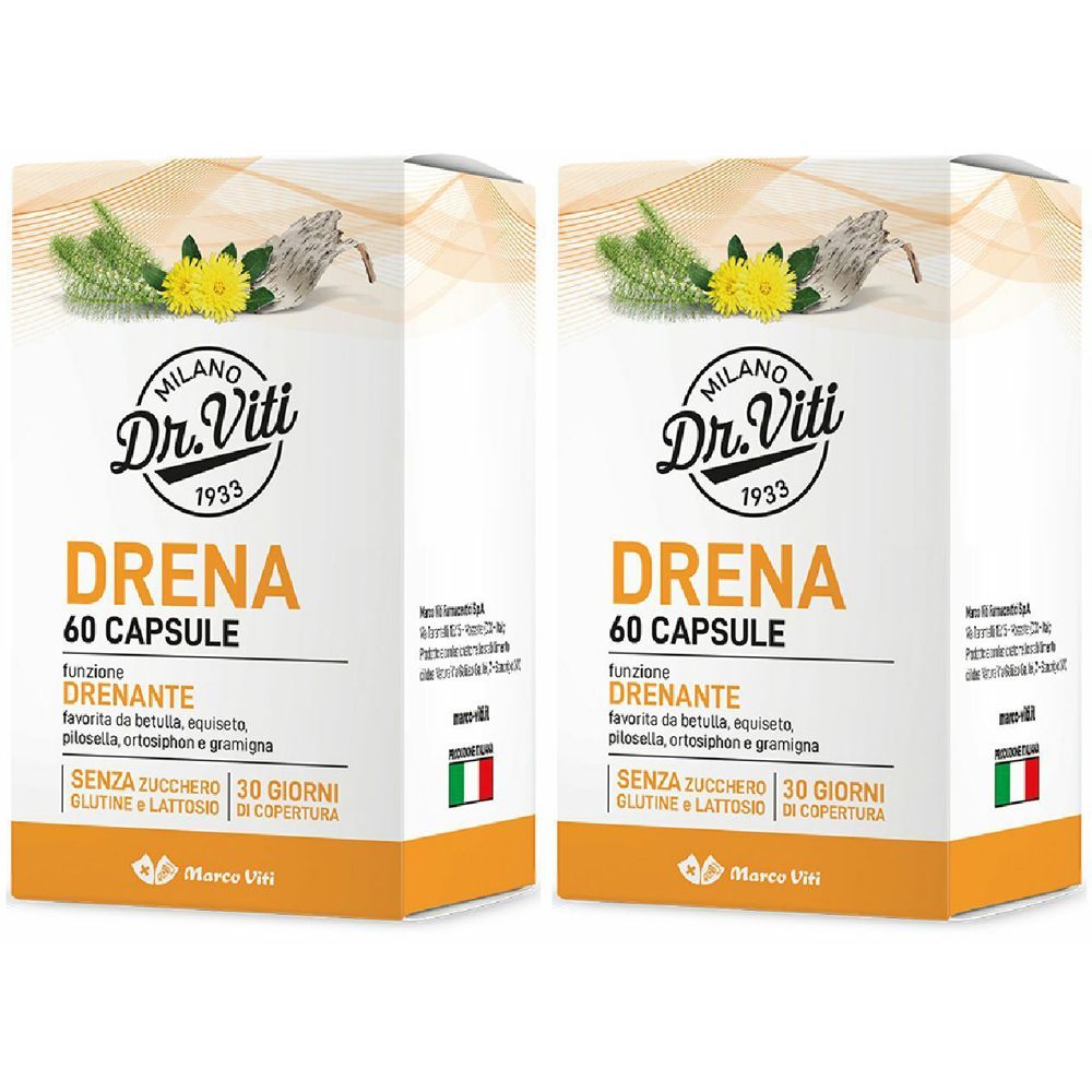 Due confezioni di "Drena 60 CAPSULE" Dr. Viti. Confezione bianca con elementi gialli e verdi. Bandiera italiana.