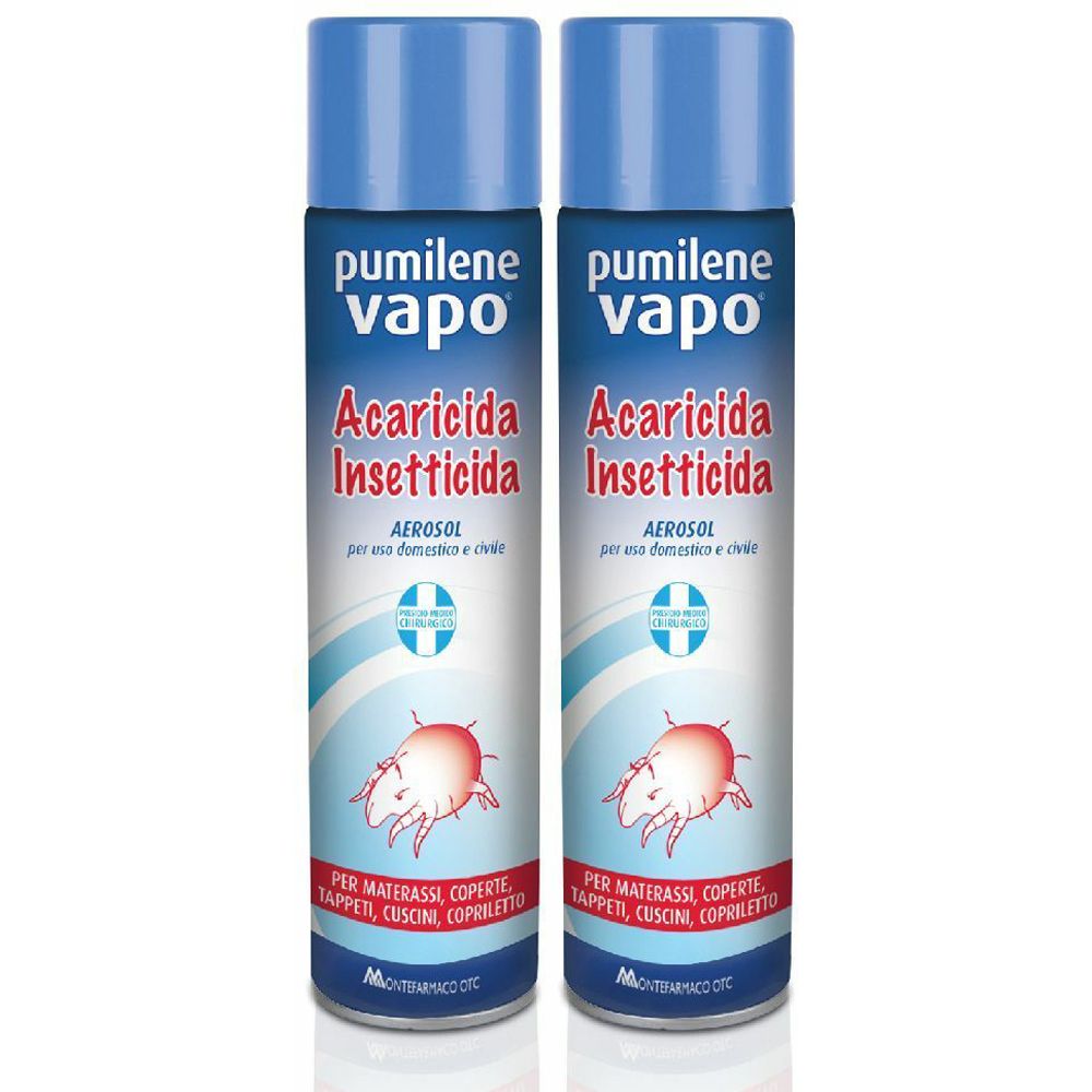 Due bombolette spray aerosol blu. Scritta: Pumilene Vapo Acaricida Insetticida. Immagine di un acaro. Per materassi, cuscini, ecc.