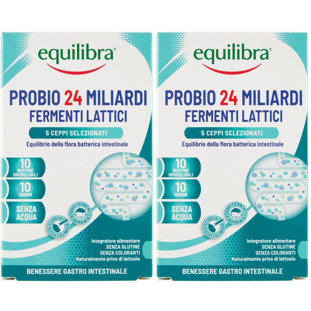 Due confezioni di Equilibra Probio 24. Scritta: Probio 24 Miliardi Fermenti Lattici, 5 Cepii Selezionati. Senza glutine, coloranti e lattosio.