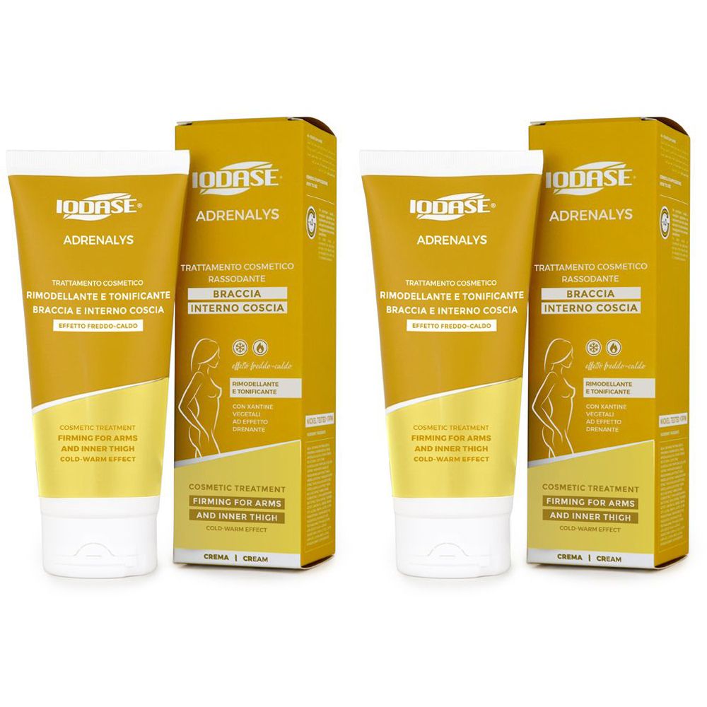Due tubi e scatole. Scritta: Iodase Adrenalys. Trattamento cosmetico per braccia e cosce. Crema.