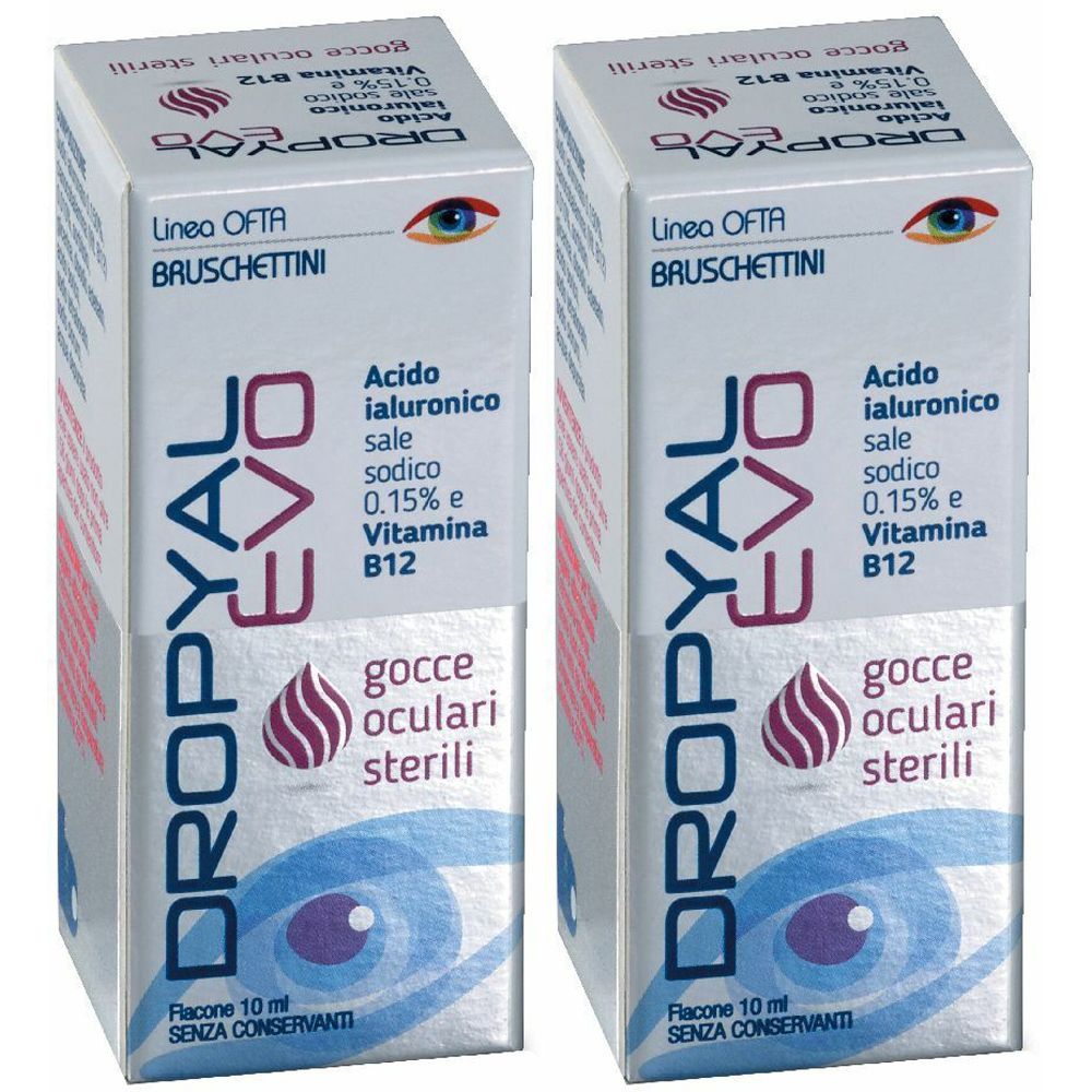 Due scatole identiche di gocce oculari. Scritto: DROPYAL EVO, ingredienti, « gocce oculari sterili ».