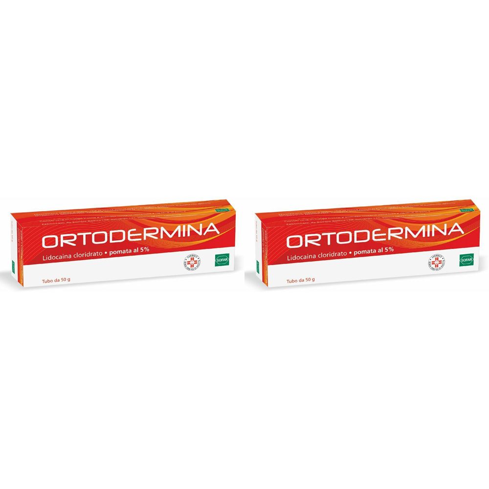 Due scatole rettangolari con testo rosso e bianco. Scritta: ORTODERMINA, Lidocaina cloridrato + pomata al 5%.