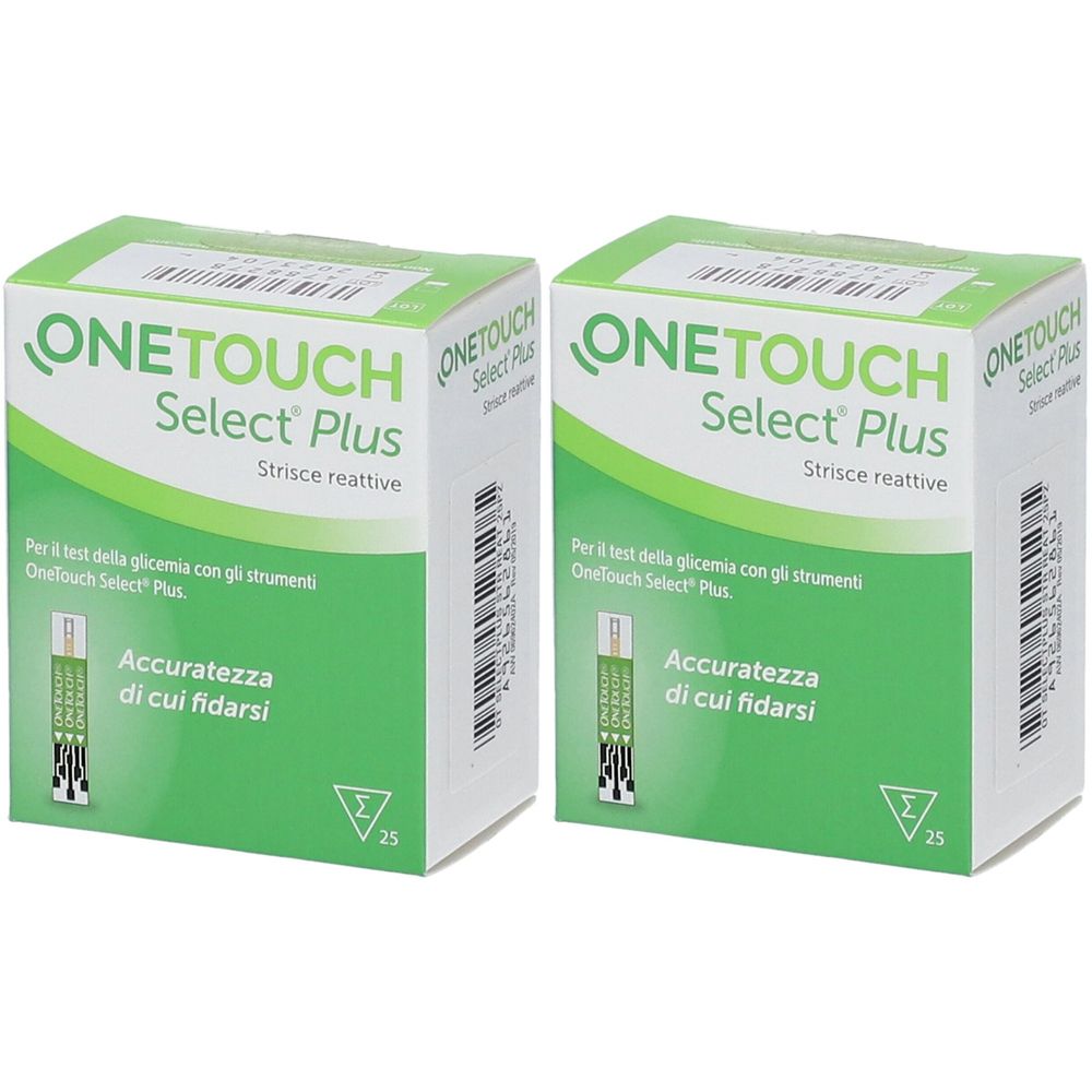 Due scatole verdi "ONETOUCH Select Plus". Testo italiano. Ogni scatola contiene 25 strisce reattive.