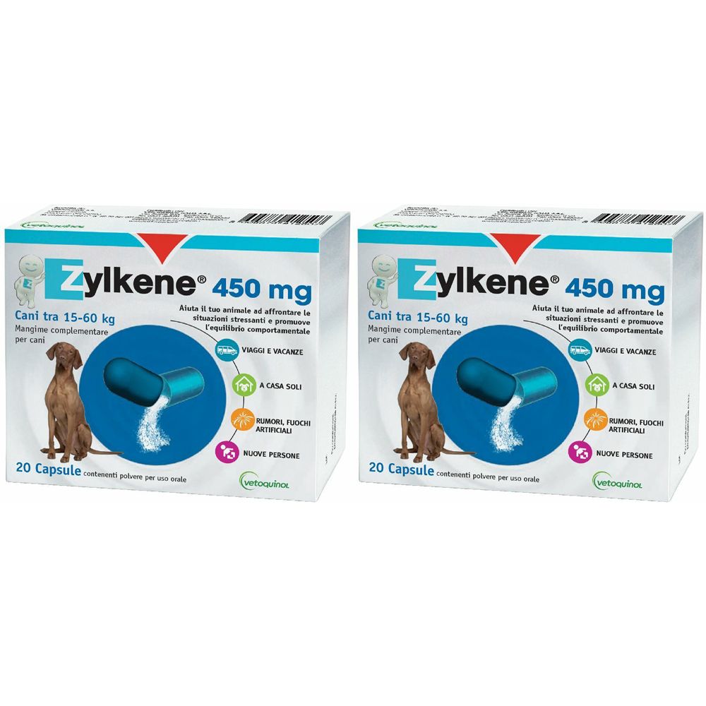 Due scatole di Zylkene 450 mg. Ogni scatola mostra un cane. 20 capsule.