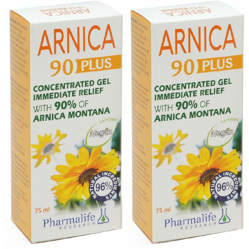 Due scatole rettangolari con la scritta ARNICA 90 PLUS. Scritte: Gel concentrato, sollievo immediato, 90% Arnica Montana.