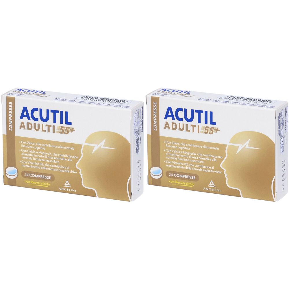Due confezioni "ACUTIL ADULTI 55+". Ogni confezione mostra un profilo di testa con un fulmine.
