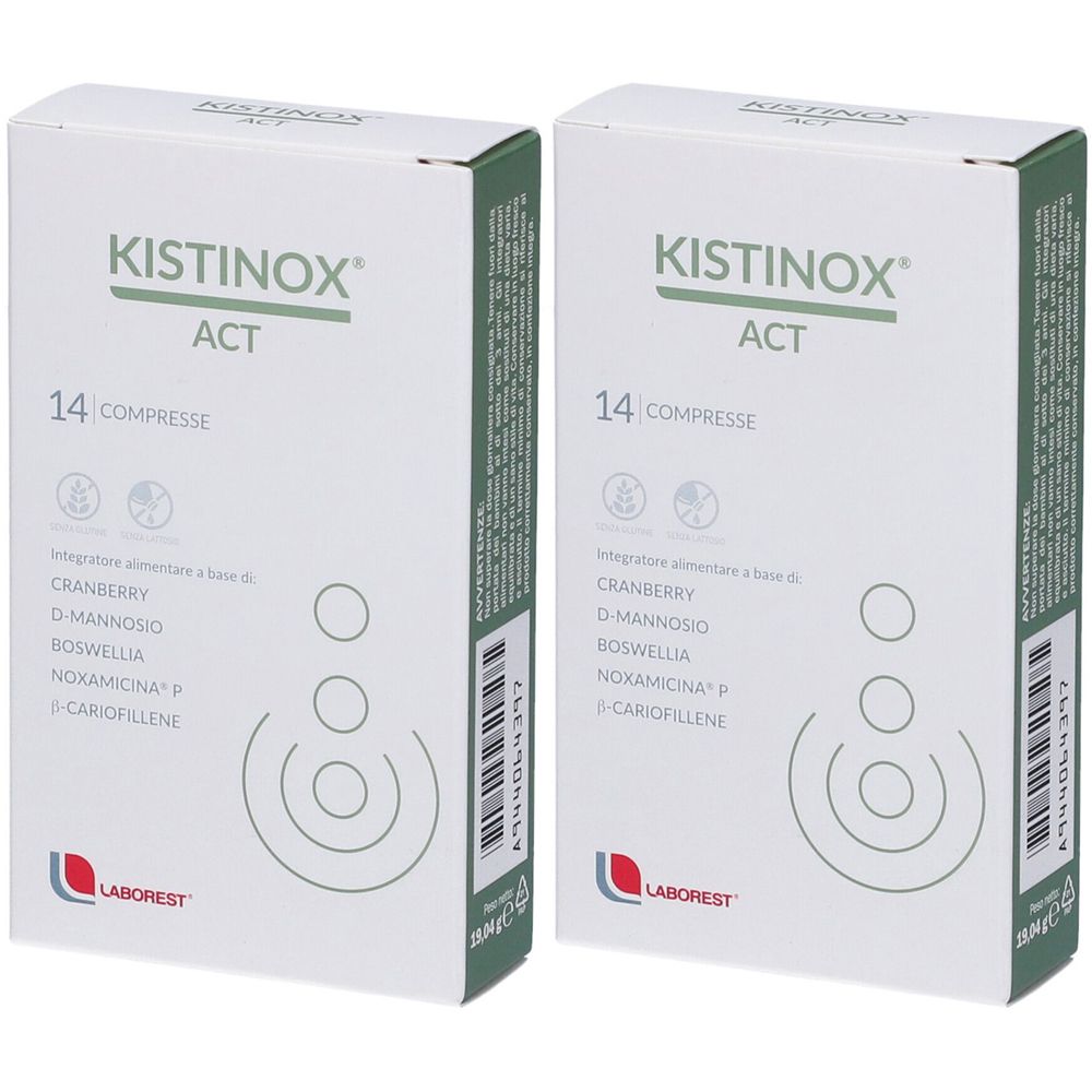 Due confezioni di Kistinox ACT. Scritta: 14 compresse. Ingredienti: Cranberry, D-Mannosio, Boswellia, Noxamicina P, β-Cariofillene. Marchio: Laborest.