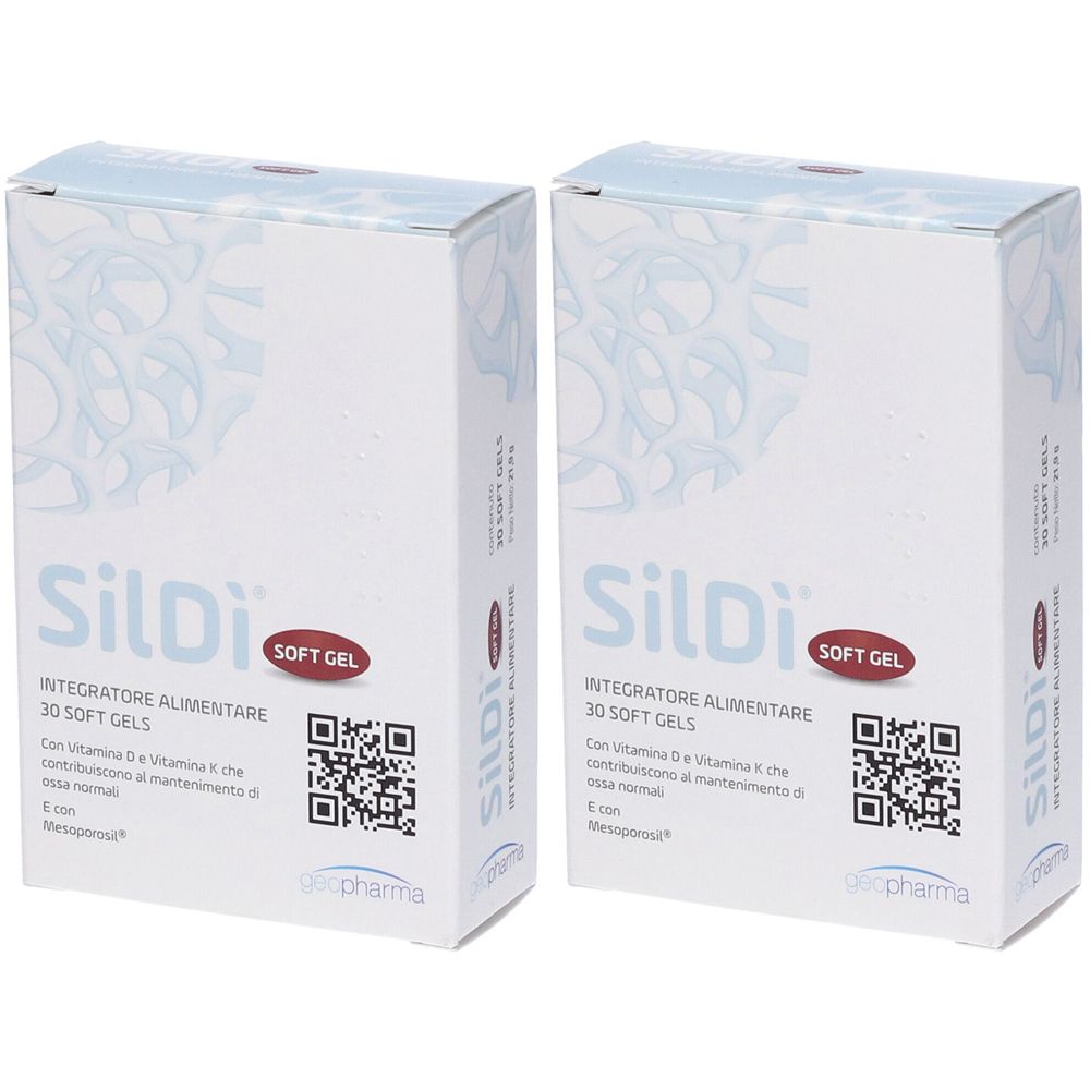 Due scatole bianche "SilDi Soft Gel". Ogni scatola contiene 30 soft gel. Visibili anche codice QR e logo del marchio.