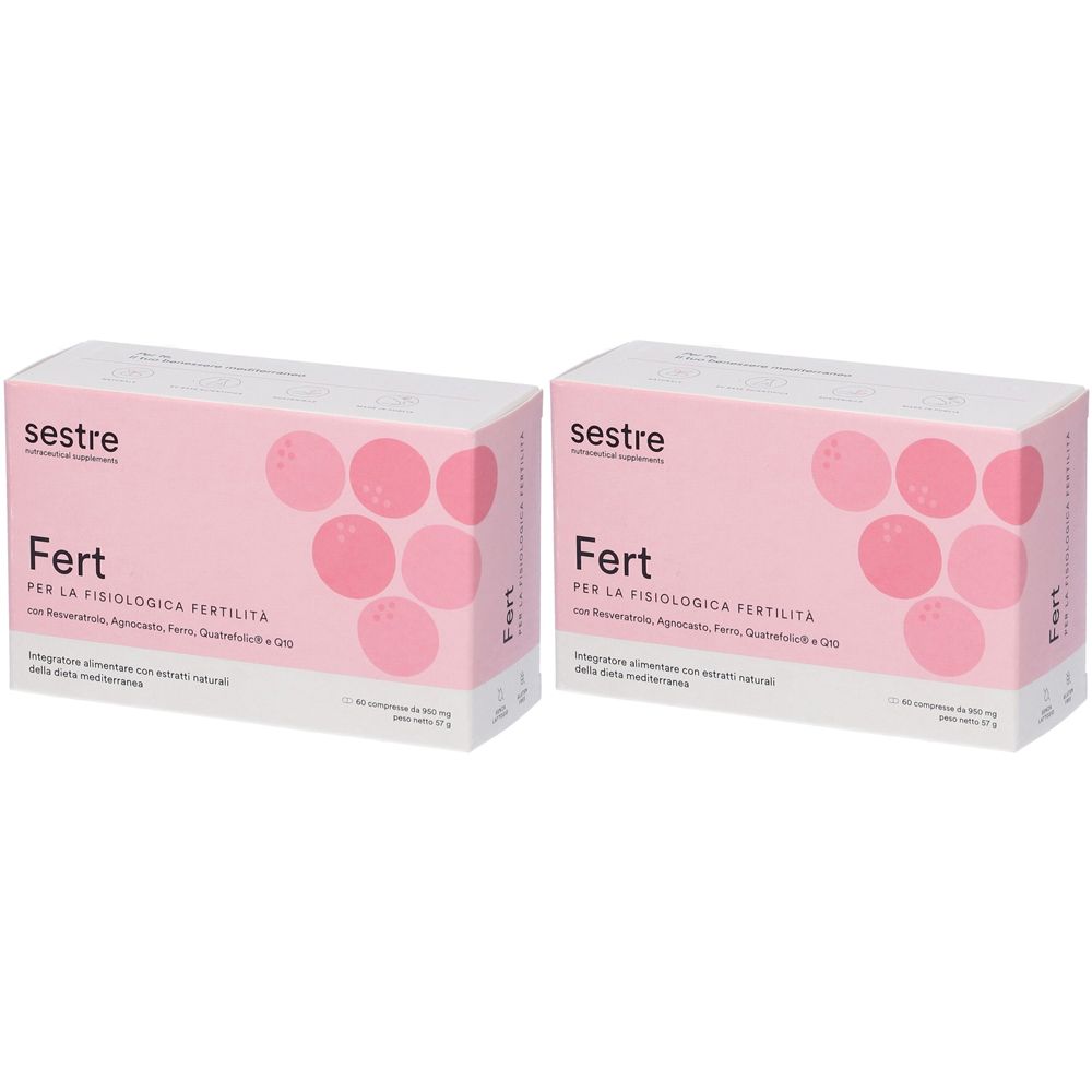 Due scatole rosa con la scritta "sestre Fert". Testo sottostante: "PER LA FISIOLOGICA FERTILITA".